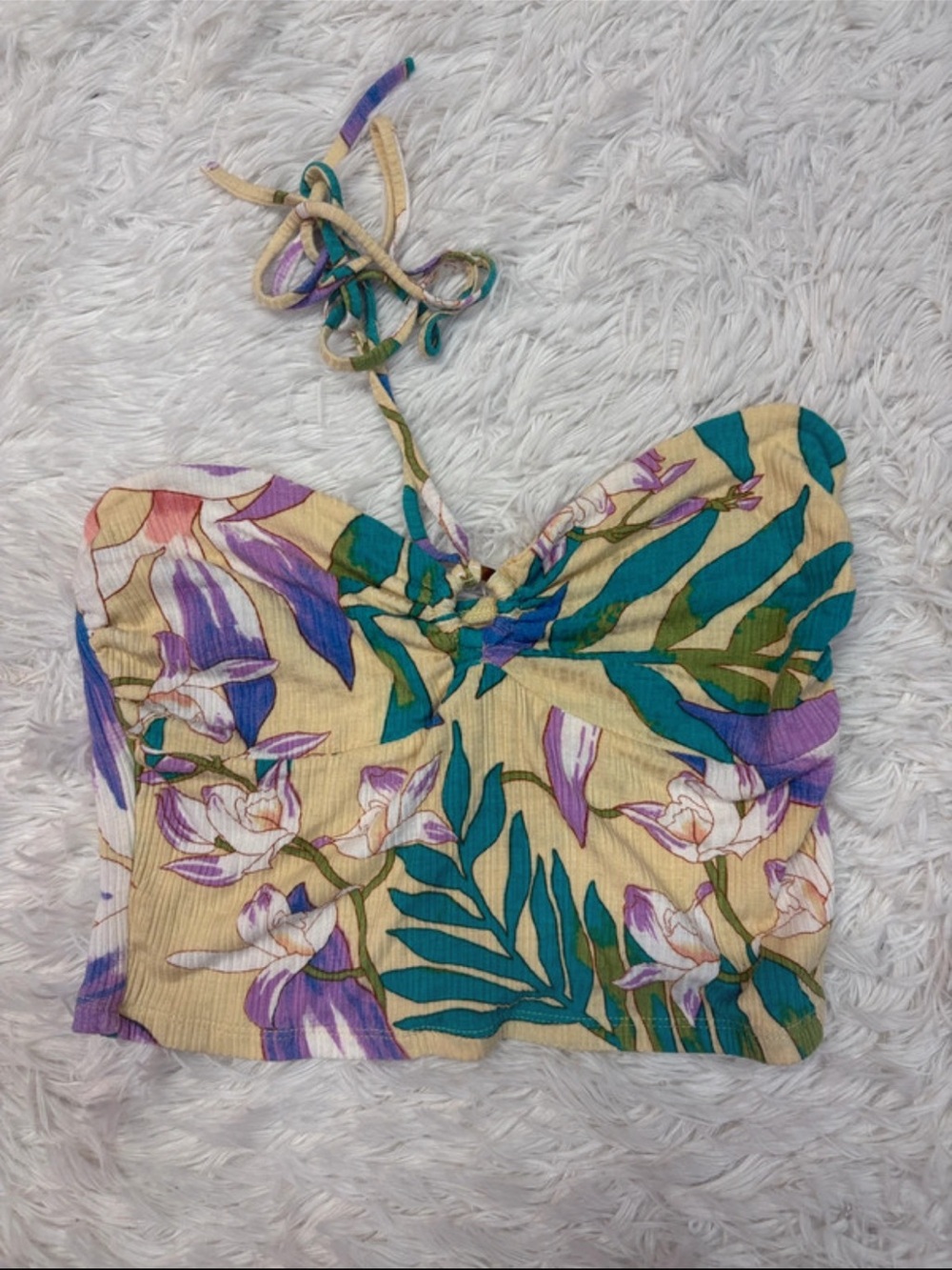 Billabong Floral Halter Crop Top in Yellow, Teal & Purple